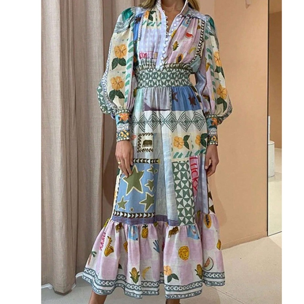 Boho Floral Star Mix Print Long Sleeve Maxi Dress - Picture 2 of 6